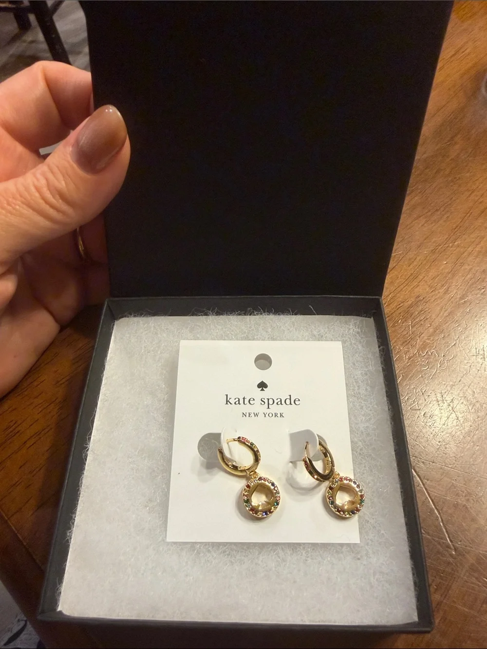NWT kate spade Gold-Tone Multi-Color Crystal Spade Drop Hoop Earrings MSRP $69
